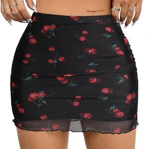 Avanova Black Mesh Cherry Ruched Skirt, L
